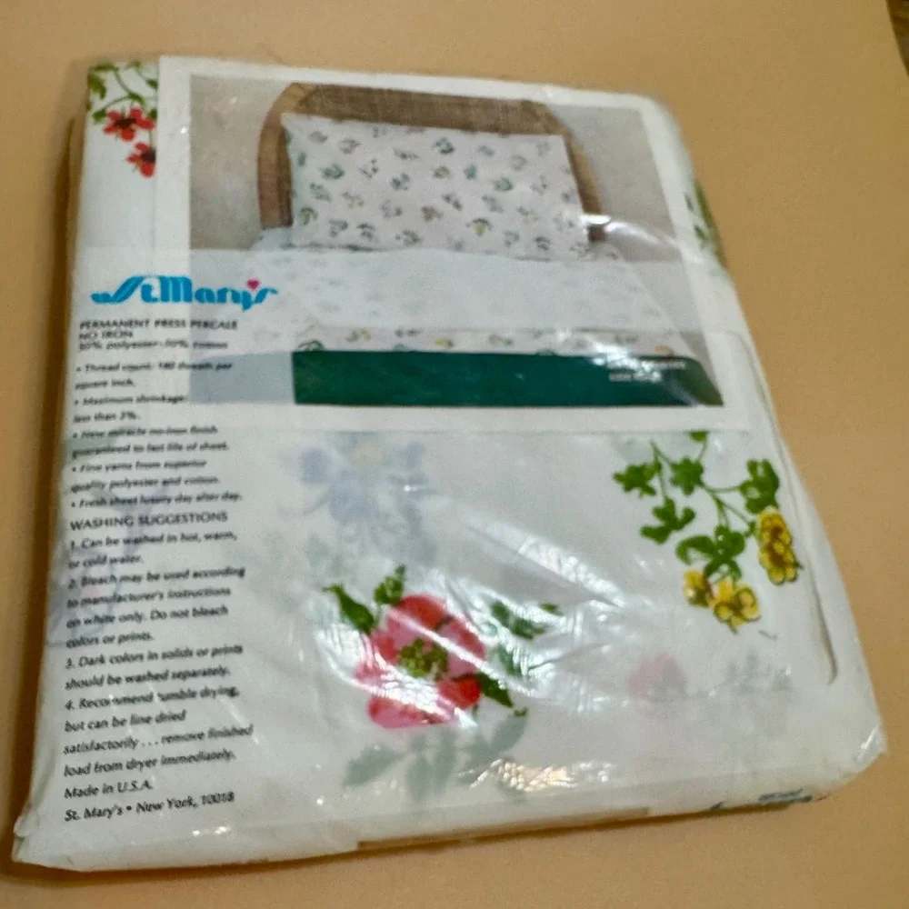 Vintage St. Mary's Aline Flowers Fitted Sheet NOS Double Full Floral Cottagecore